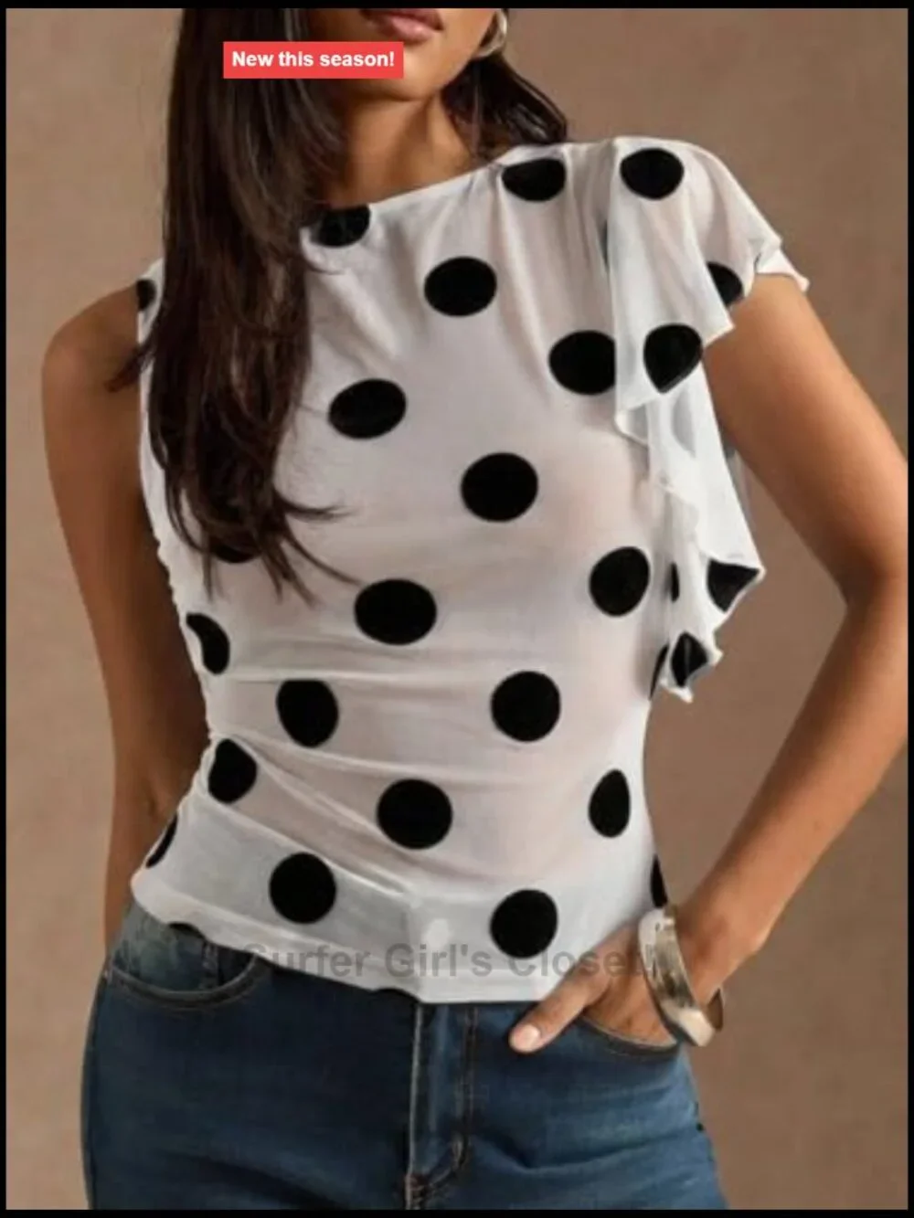 Women's Polka Dots Sheer Mesh Tank Top Ruffle Trim See Through Going Out Top